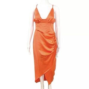 ASOS NWOT Orange Sleeveless Seamed Corset Satin Back Tie Midi Dress Size 12
